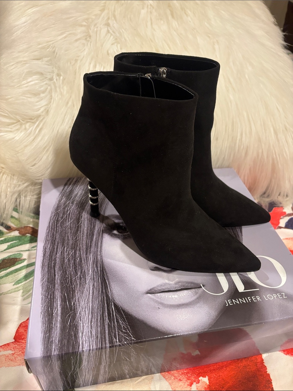 Jennifer Lopez Black Pointed-Toe Suede Ankle Booties